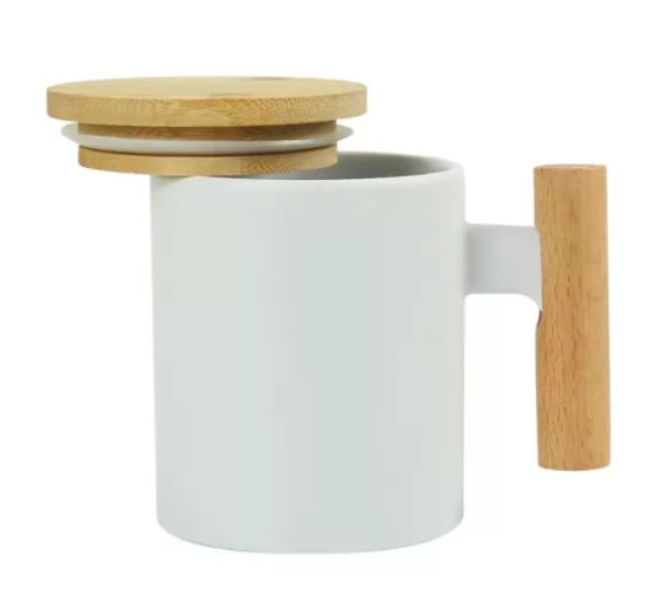 CERAMUC MUG W/ BAMBOO HANLDE & LID