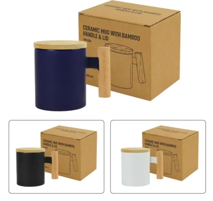 CERAMUC MUG W/ BAMBOO HANLDE & LID